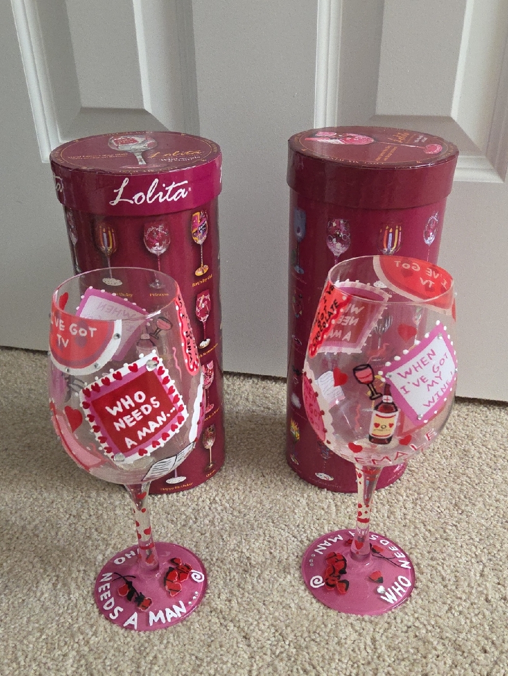 Lolita Hand Painted Wine Glasses. With The Box Who Needs A Man. Set Of 2.